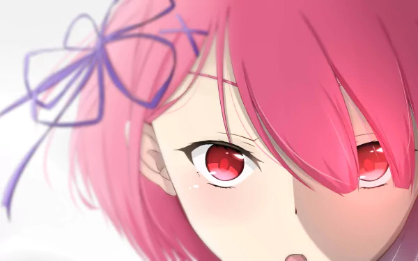 HD desktop wallpaper featuring Ram from the anime Re:Zero - Starting Life in Another World, depicting a close-up of her face with pink hair and red eyes, adorned with a violet ribbon.