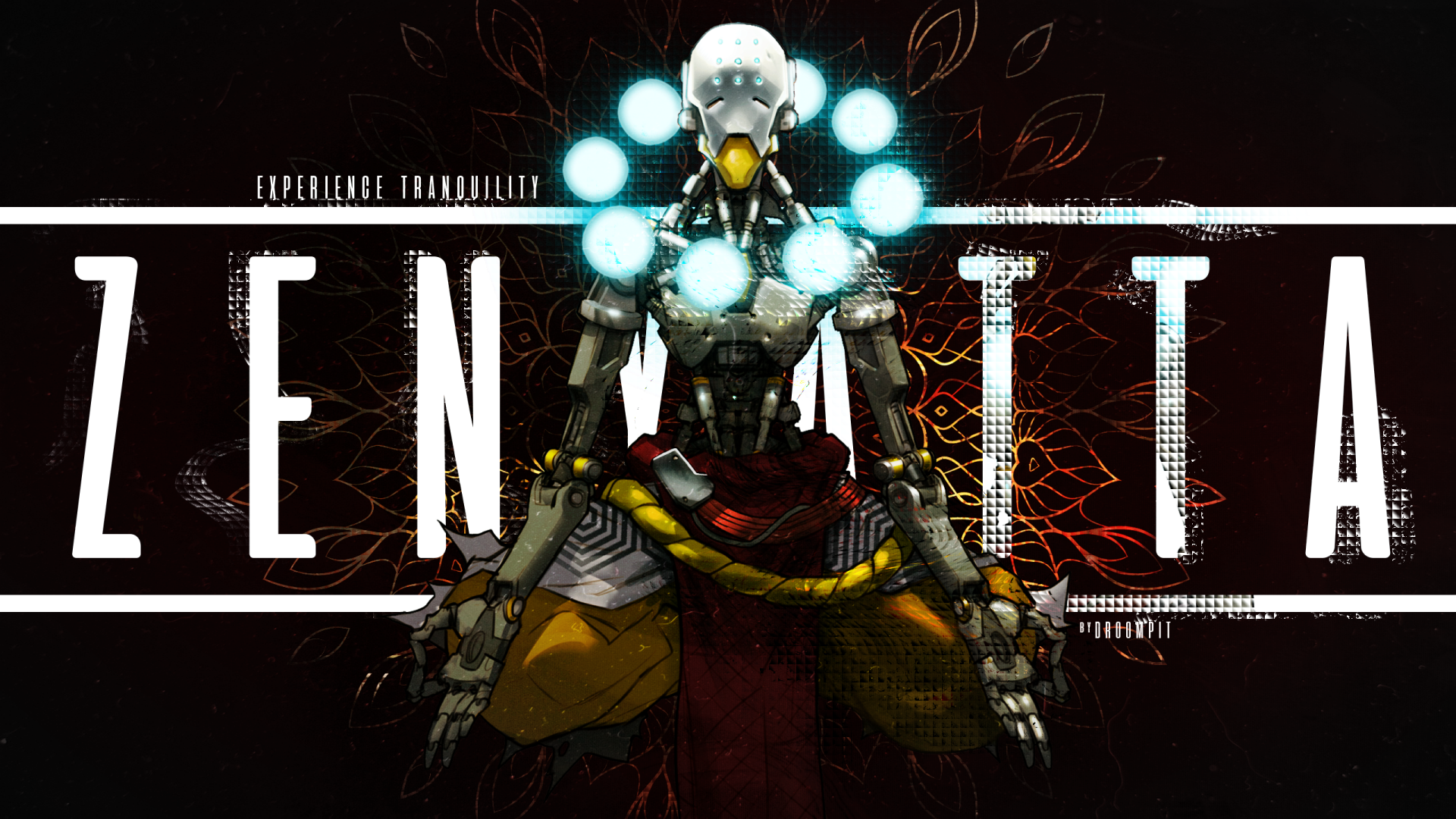 HD wallpaper featuring Zenyatta from the video game Overwatch, showcasing the character with glowing orbs and the word ZENYATTA prominently in the background.