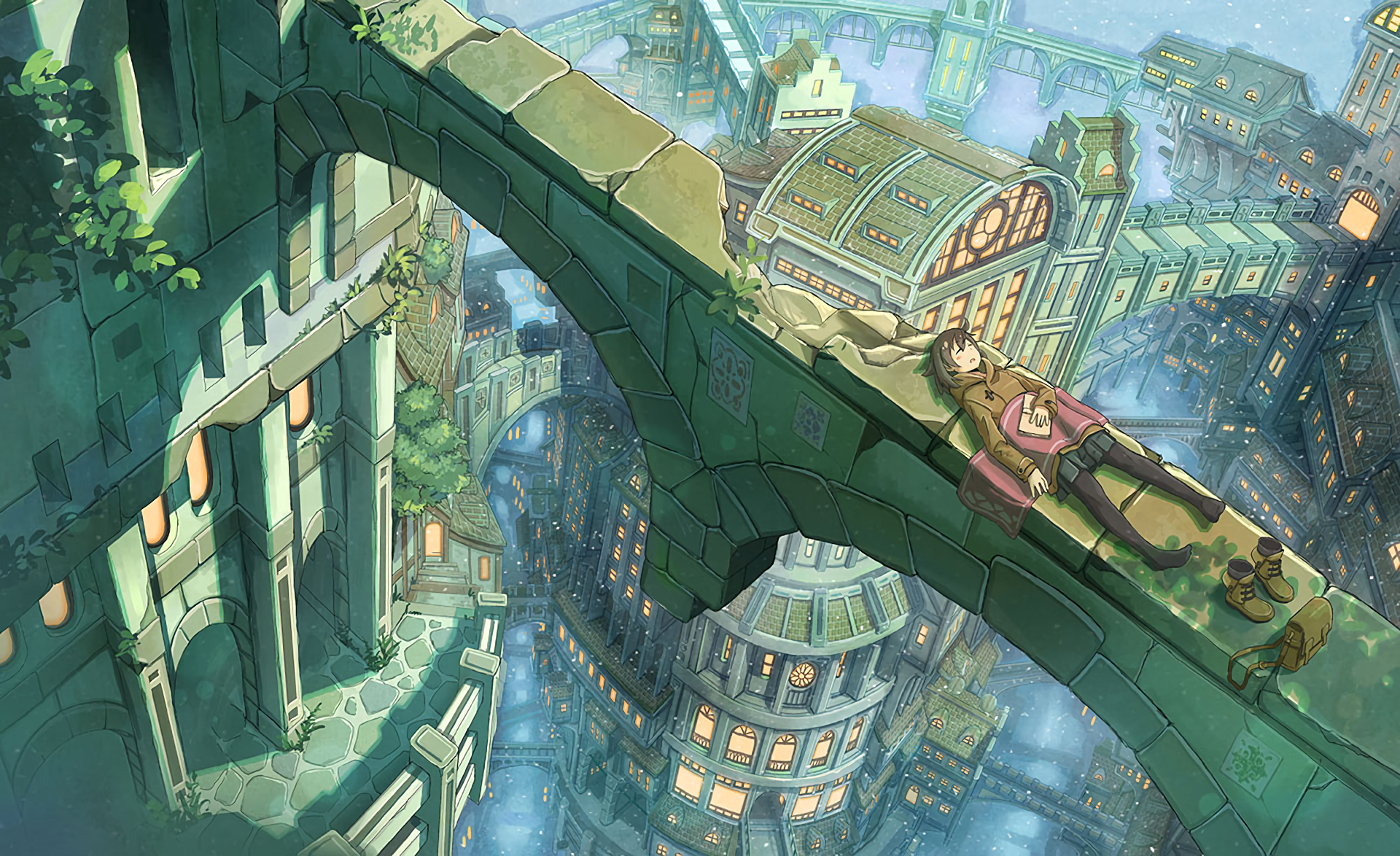 HD anime desktop wallpaper featuring an original scene of a cityscape with a bridge. A person sleeps on the bridge surrounded by a whimsical, detailed architectural background.
