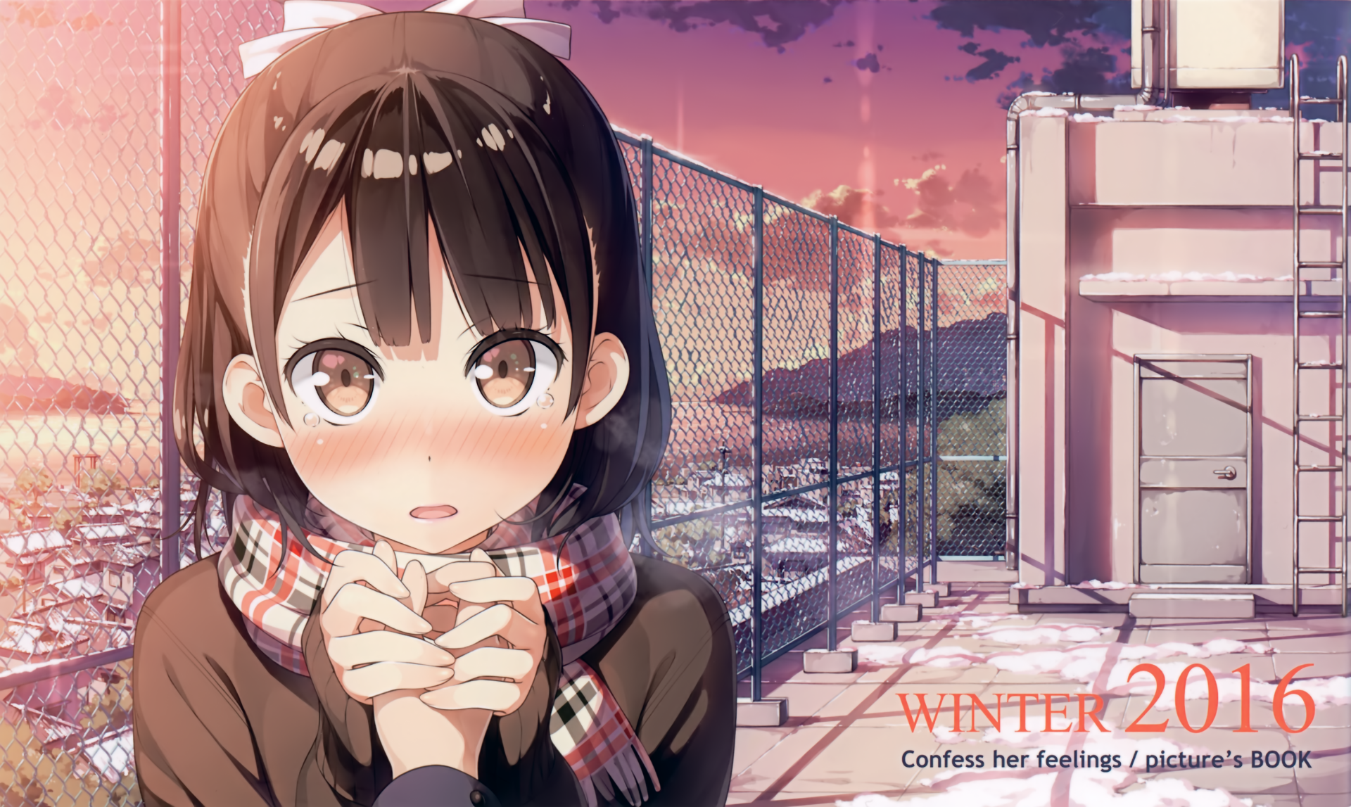 Anime-style HD PC desktop wallpaper featuring a girl from 5 Nenme no Houkago with a scarf, standing near a fence at sunset, original artwork from Winter 2016.