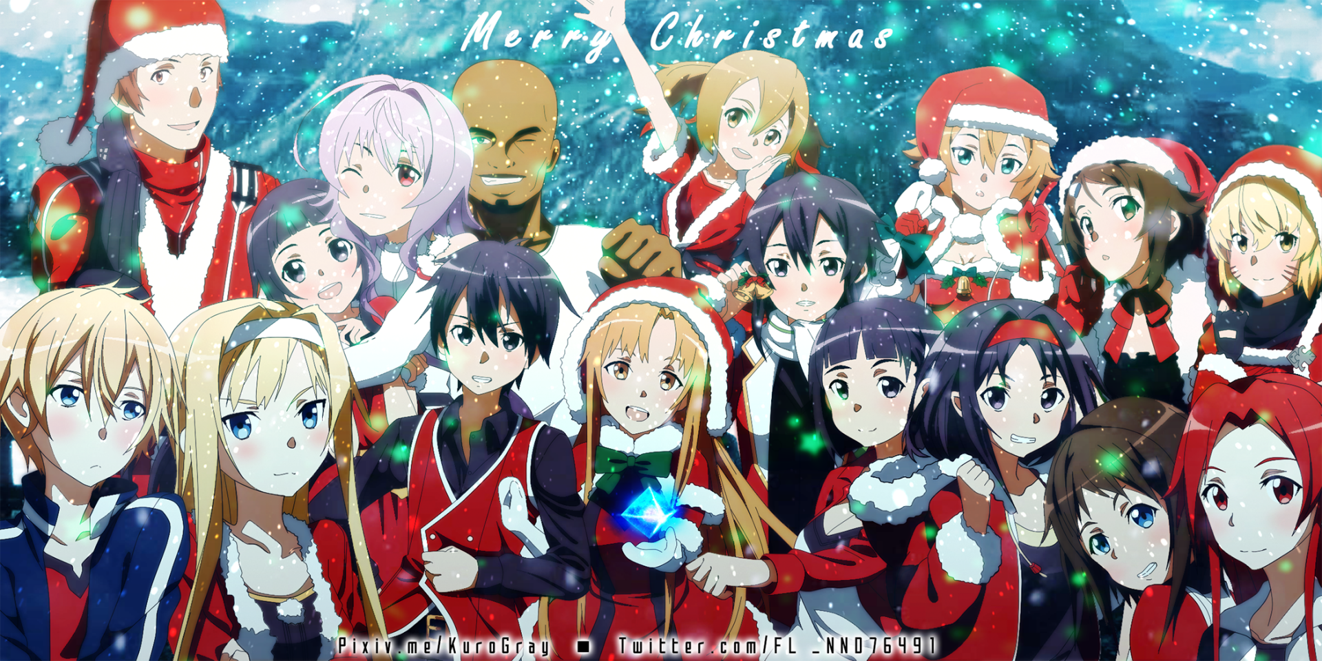 HD desktop wallpaper featuring characters from Sword Art Online II in Christmas outfits, set against a snowy background with the text Merry Christmas at the top.