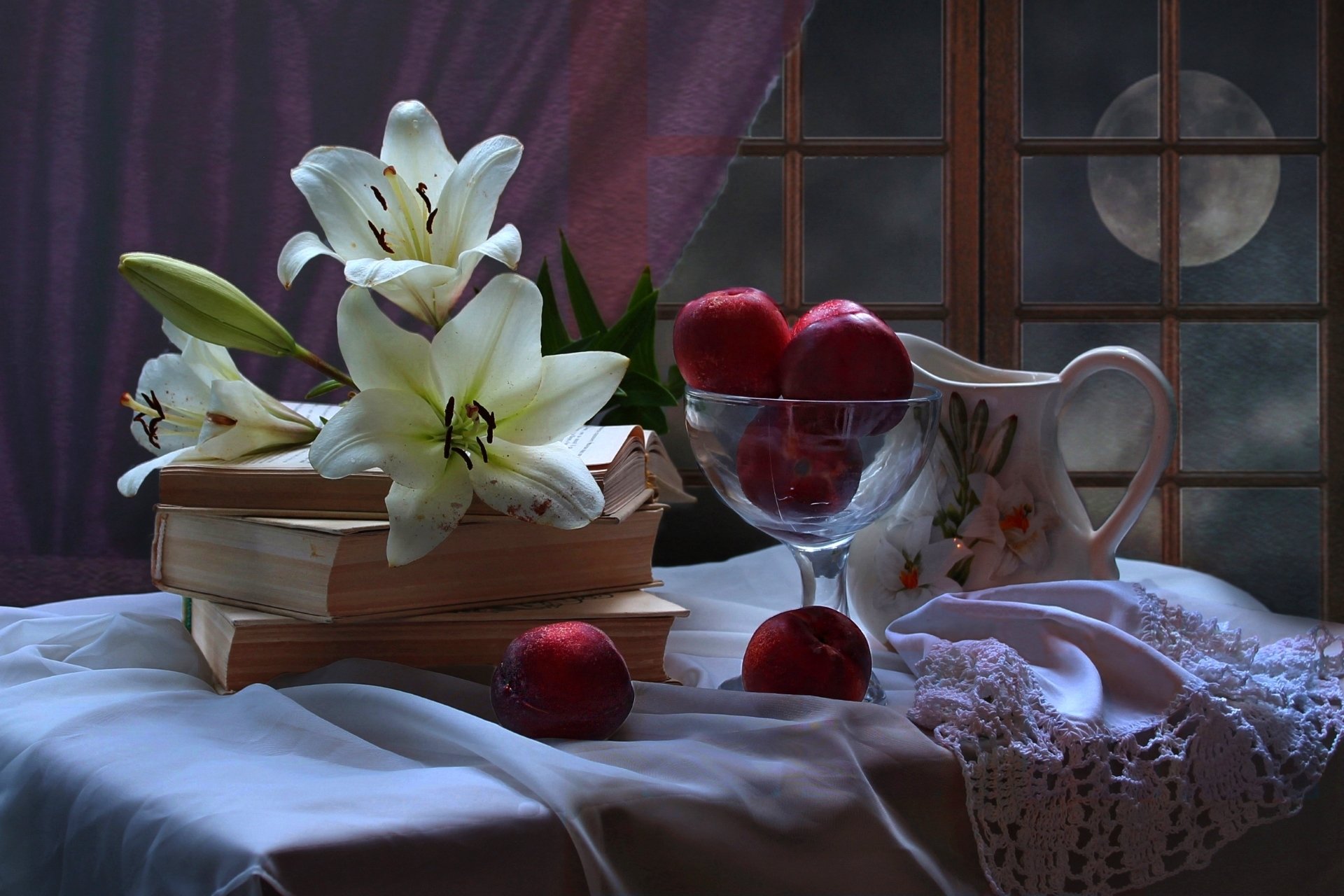 Download Pitcher Moon Window Book Fruit Lily Photography Still Life HD Wallpaper