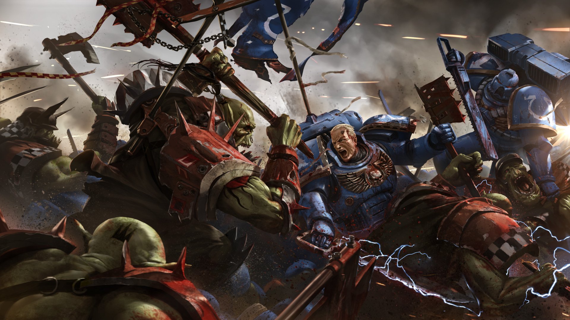 HD wallpaper of Warhammer 40,000: Eternal Crusade featuring intense battle between armored warriors and orks.