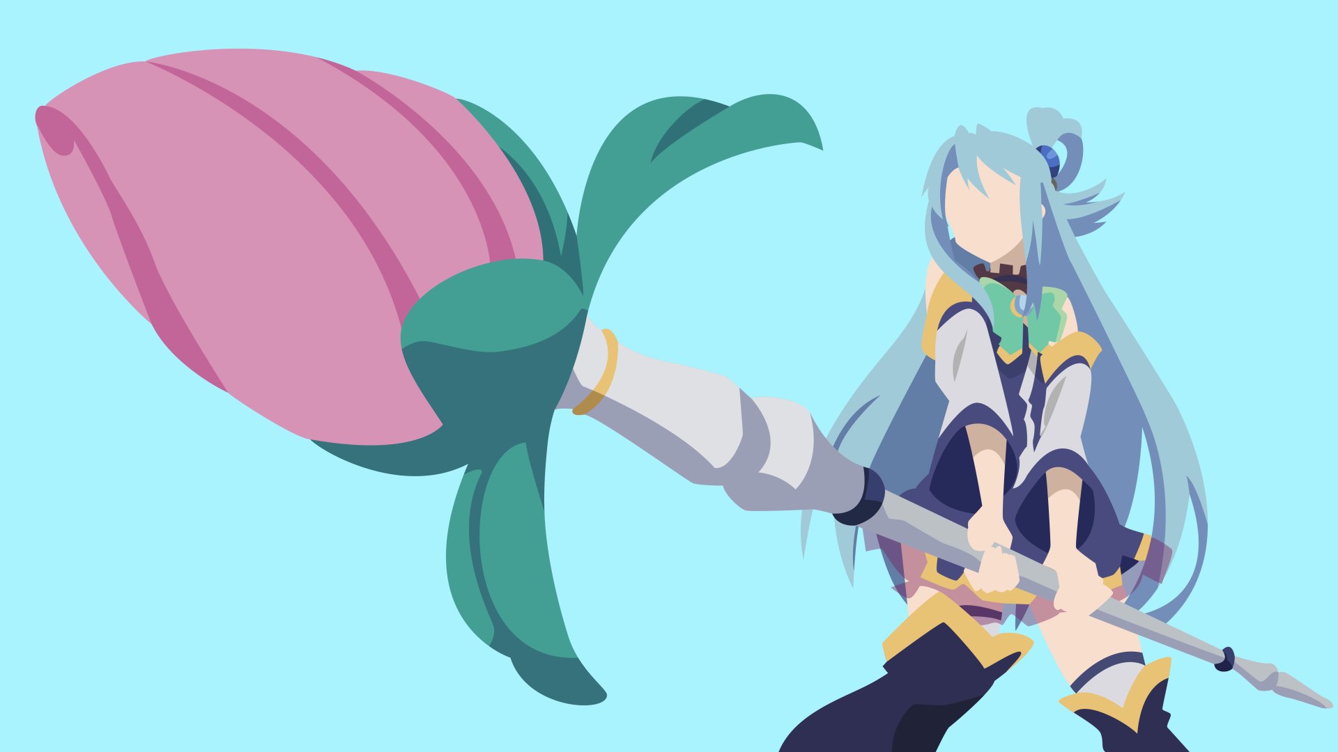 Minimalist 8K Ultra HD anime wallpaper featuring Aqua from KonoSuba - God’s blessing on this wonderful world!! wielding her staff against a light blue background.