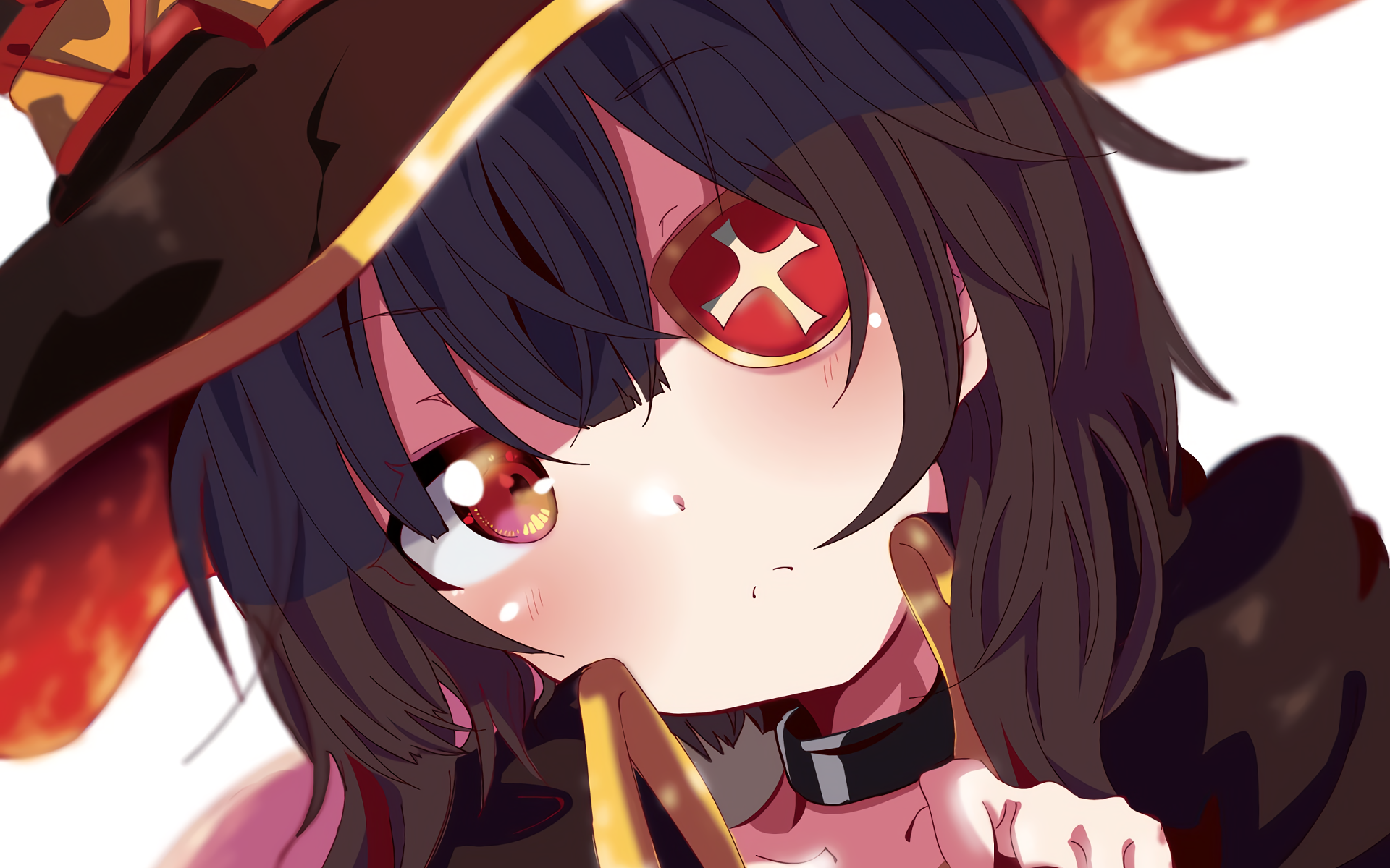 HD PC desktop wallpaper featuring Megumin from the anime KonoSuba: God’s Blessing on this Wonderful World!! in her signature outfit and eyepatch.