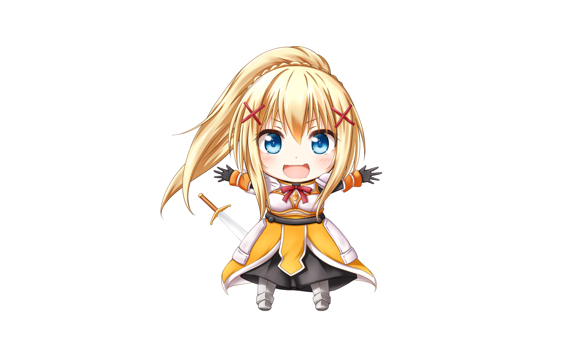HD desktop wallpaper featuring Darkness from the anime KonoSuba: God's Blessing on This Wonderful World!! The character is depicted in a chibi style with bright blonde hair and a cheerful expression.