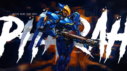 HD PC desktop wallpaper featuring Pharah from Overwatch in her signature blue armor poised with her rocket launcher against a dynamic background.