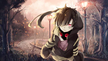 HD anime wallpaper of a Kagerou Project character with dark hair and red eyes, standing on a dimly lit, autumnal park path at dusk.