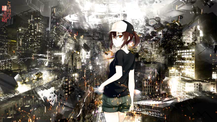 Anime HD PC desktop wallpaper/background of Mikoto Misaka from A Certain Scientific Railgun standing amid a shattered, glowing futuristic cityscape.