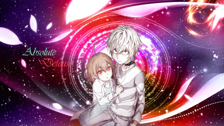 Anime HD PC desktop wallpaper from To Aru Kagaku No Accelerator: Accelerator cradling a small girl (Last Order) before a glowing, cosmic spiral of light and colorful particle effects.