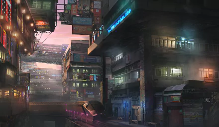 HD wallpaper depicting a futuristic cyberpunk city with towering buildings, neon lights, and a sleek train gliding through the streets. Deep, atmospheric lighting enhances the Sci-Fi ambiance.