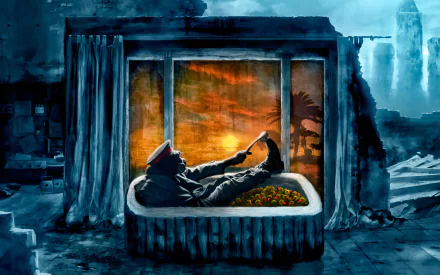 A post-apocalyptic scene from Romantically Apocalyptic comic shows a figure in a gas mask lounging humorously in a bathtub amid ruins, set against a dramatic sunset backdrop.