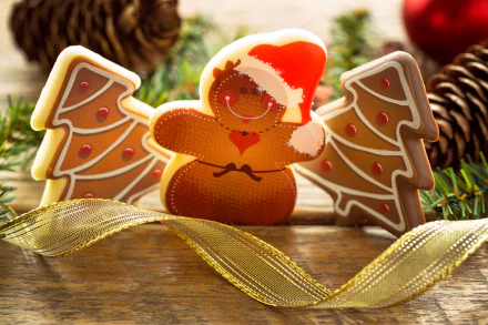 5K Ultra HD desktop wallpaper: smiling gingerbread cookie in a Santa hat between two iced Christmas-tree cookies, gold ribbon, pinecones and evergreen on a wooden tabletop.