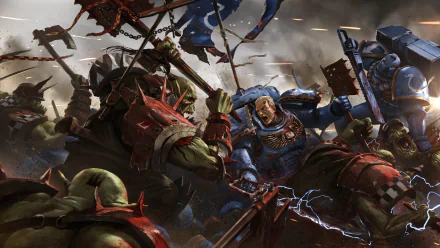 HD wallpaper of Warhammer 40,000: Eternal Crusade featuring intense battle between armored warriors and orks.