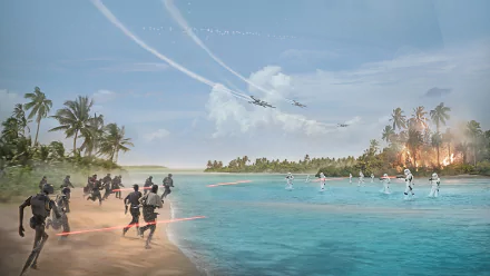 HD PC desktop wallpaper depicting a battle scene from the movie Rogue One: A Star Wars Story with soldiers, stormtroopers, and starfighters over a tropical beach.