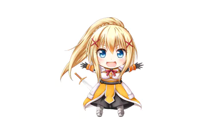 HD desktop wallpaper featuring Darkness from the anime KonoSuba: God's Blessing on This Wonderful World!! The character is depicted in a chibi style with bright blonde hair and a cheerful expression.