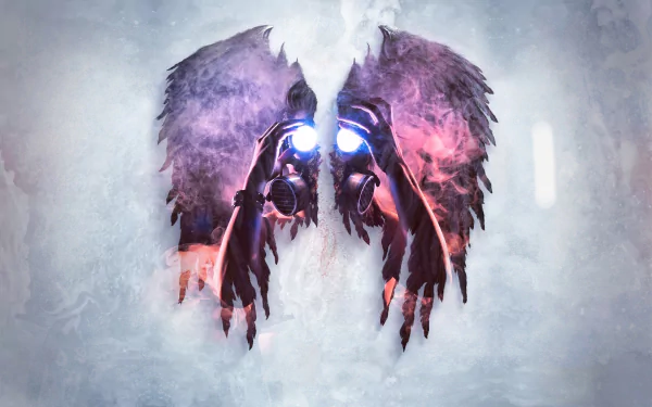 HD desktop wallpaper featuring a dark, atmospheric scene with a figure wearing a gas mask and large, shadowy wings, set against a misty, ethereal background.