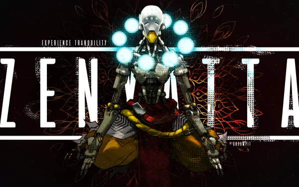 HD wallpaper featuring Zenyatta from the video game Overwatch, showcasing the character with glowing orbs and the word ZENYATTA prominently in the background.