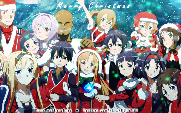 HD desktop wallpaper featuring characters from Sword Art Online II in Christmas outfits, set against a snowy background with the text Merry Christmas at the top.