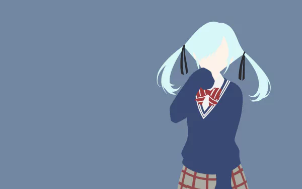 A minimalist HD desktop wallpaper featuring Noa Takigawa from Yamada-kun and the Seven Witches anime. The design showcases a faceless Noa in a school uniform against a plain blue background.