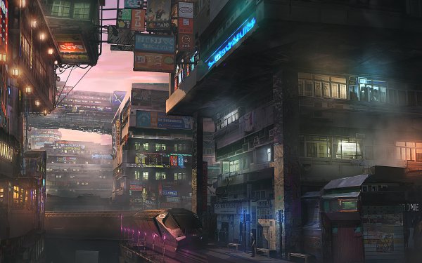 Ciencia ficción Ciberpunk Ciudad Edificio Tren Futurista Fondo de pantalla HD | Fondo de Escritorio