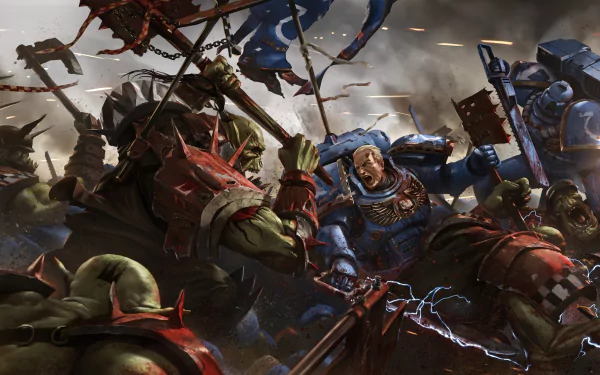 HD wallpaper of Warhammer 40,000: Eternal Crusade featuring intense battle between armored warriors and orks.