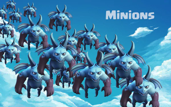 HD Clash of Clans wallpaper featuring a group of Minions characters on a blue cloud background.