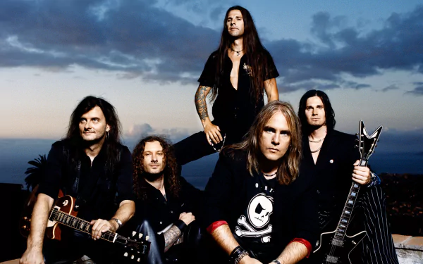 HD desktop wallpaper featuring the heavy metal band Helloween. Five members of the band with guitars pose against a dramatic evening sky backdrop.