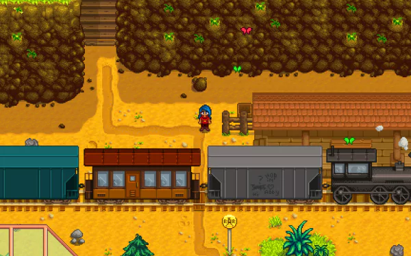 HD Stardew Valley desktop wallpaper featuring a character by the train station with crops and trees in the background.