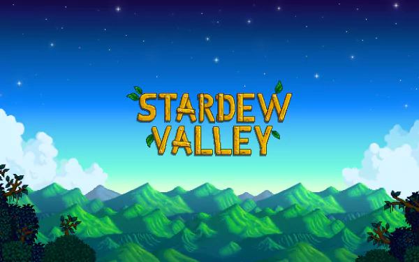 HD desktop wallpaper for Stardew Valley featuring game's logo with starry night backdrop and green pixelated hills.