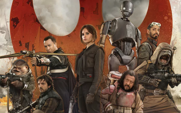 HD desktop wallpaper featuring characters from Rogue One: A Star Wars Story, including Jyn Erso, Cassian Andor, K-2SO, Chirrut Îmwe, Baze Malbus, Bodhi Rook, and more against a Rebel backdrop.