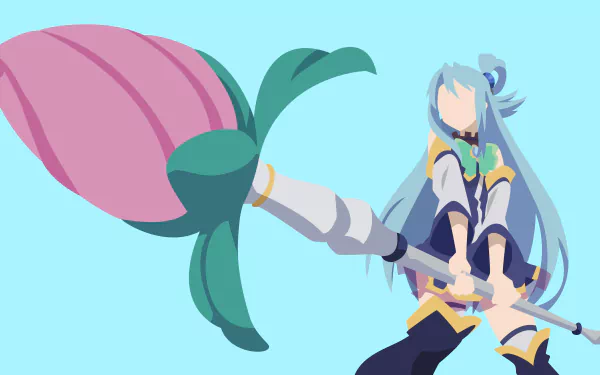 Minimalist 8K Ultra HD anime wallpaper featuring Aqua from KonoSuba - God’s blessing on this wonderful world!! wielding her staff against a light blue background.