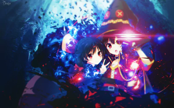 HD desktop wallpaper featuring Megumin from the anime KonoSuba - God's blessing on this wonderful world!! amidst a magical and dynamic scene, exuding an intense and captivating aura.