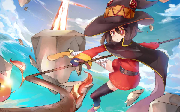 HD PC desktop wallpaper featuring Megumin from KonoSuba, the anime series KonoSuba - God’s blessing on this wonderful world!!, casting a fiery spell against a bright sky.