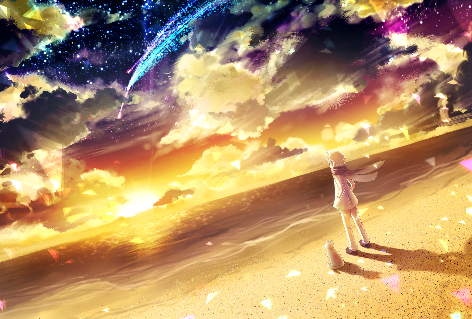 HD anime original desktop wallpaper featuring a lone figure standing on a sandy beach at sunset under a vibrant, star-filled sky with shooting stars.