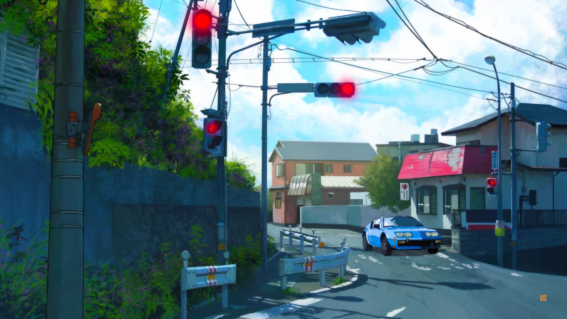 HD anime desktop wallpaper from Neon Genesis Evangelion featuring a quiet suburban street with red traffic lights and a blue car under a bright sky.