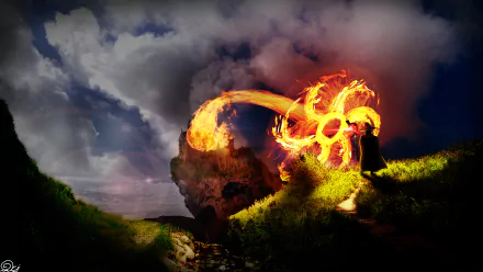 A vibrant KonoSuba HD wallpaper featuring Megumin casting a powerful fire spell against a dramatic background of clouds and landscape, capturing the essence of KonoSuba - God’s Blessing on This Wonderful World!!