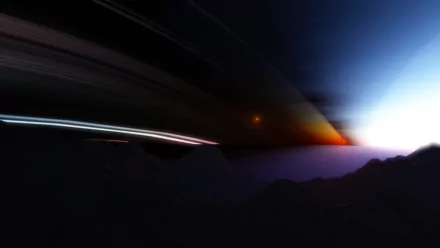 HD PC desktop wallpaper from Space Engine: a video-game planet with glowing horizon and sweeping rings silhouetted above a dark mountain skyline