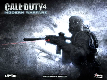 A dramatic HD wallpaper showcasing a soldier in a gas mask, aiming a weapon, set against a dark, gritty background from Call of Duty 4: Modern Warfare.