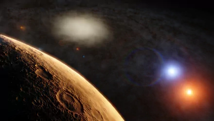 HD PC desktop wallpaper from the Space Engine video game, showcasing a detailed planet surface with stars and a distant galaxy in vibrant space scenery.