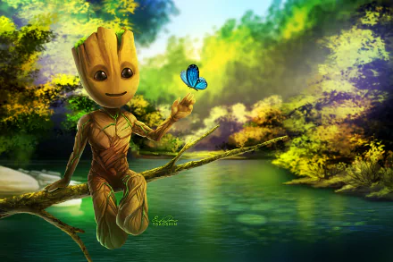 HD desktop wallpaper featuring Groot from Guardians of the Galaxy sitting on a tree branch by a serene river, holding a blue butterfly with lush green foliage in the background.