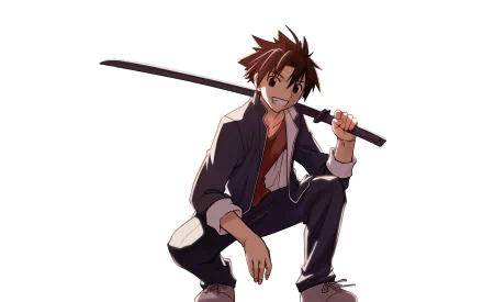 Anime UQ Holder! HD PC wallpaper: young male character crouching, grinning and holding a katana over his shoulder, wearing a dark jacket and white pants on a white background.