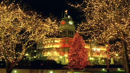 A beautifully lit town square at night with a decorated Christmas tree, festive holiday lights, and a historic building glowing against the dark sky.