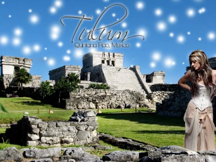 HD desktop wallpaper featuring Sarah Brightman with a backdrop of the ancient Tulum ruins under a starry sky, blending music and historic beauty.