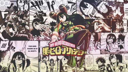 HD wallpaper featuring Tsuyu Asui from My Hero Academia, set against a dynamic comic-style background with vibrant imagery and text elements from the anime.