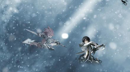 2K Quad HD PC wallpaper from Elsword: Raven Cronwell and Lord Knight clash with swords amid a snowstorm, cold blue-gray battlefield background.