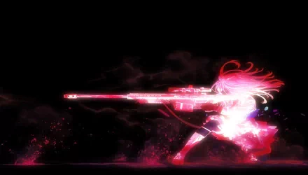 A striking HD desktop wallpaper featuring an anime girl wielding a gun, surrounded by vibrant colors and dynamic energy, creating an intense visual impact.