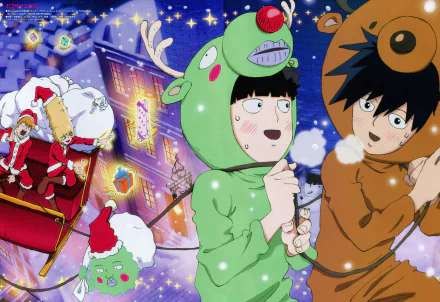 Anime-style 8K Ultra HD Mob Psycho 100 desktop wallpaper featuring characters in festive holiday costumes against a vibrant, starry nighttime city backdrop.