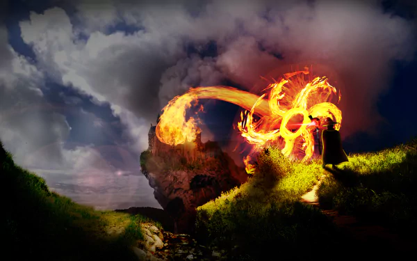 A vibrant KonoSuba HD wallpaper featuring Megumin casting a powerful fire spell against a dramatic background of clouds and landscape, capturing the essence of KonoSuba - God’s Blessing on This Wonderful World!!