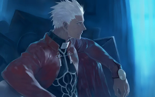 4K Ultra HD anime wallpaper featuring a character from Fate/Stay Night seated in a dimly lit room with blue ambient lighting.